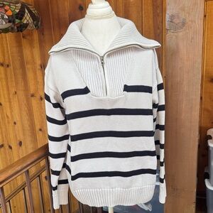 Zara Women's Black and Grey Striped Zip-Up Sweater